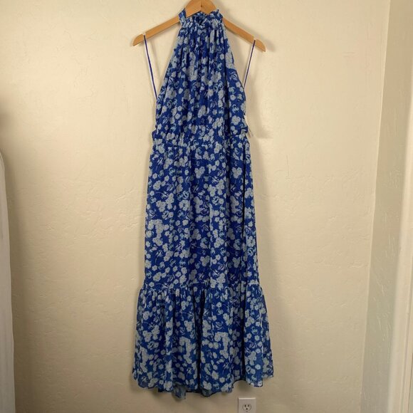 Chelsea28 Midi Dress Size XL Blue‎ Floral Halter Open Back & Ruffle Hem NWOT - Picture 3 of 11